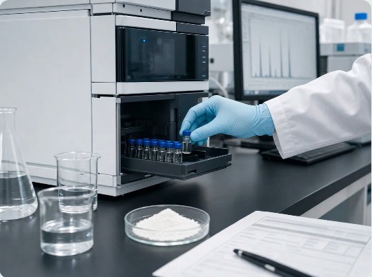 Quality control laboratory technician loading a collagen peptide sample into an HPLC analyser